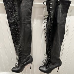 Christian Louboutin Black Leather, Thigh High, Gently used, button up boots.